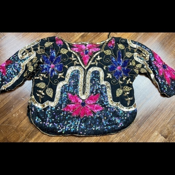 80s VTG Chanson D'Amour Glam Sequins 100% Silk Party Cocktail Evening Top Medium - Picture 5 of 8